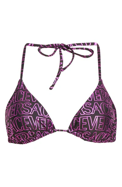 Shop Versace Metallic Logo Print Triangle Bikini Top In Black Tropical Pink