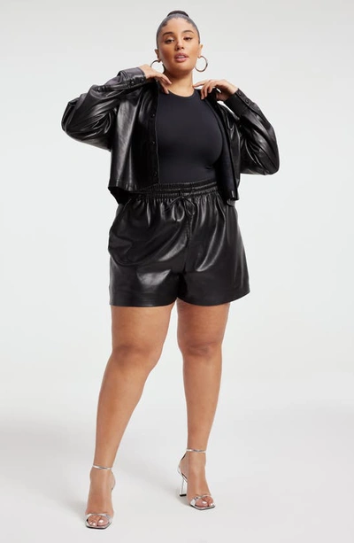 Shop Good American Better Than Leather Crop Faux Leather Button-up Shirt In Black001