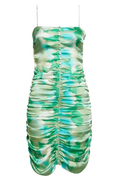 Shop Ganni Ruched Stretch Organic Silk Dress In Lily Green