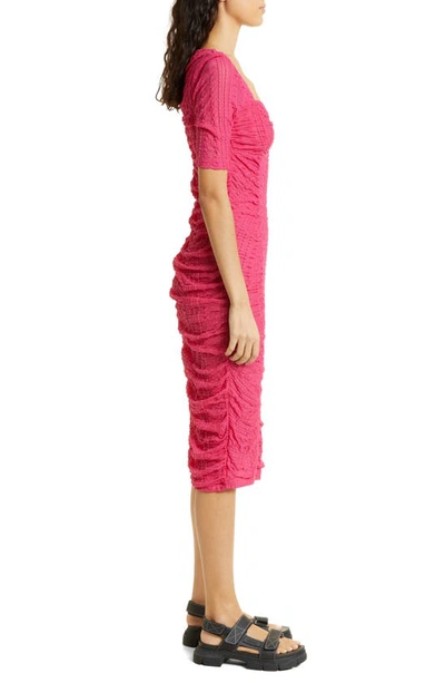 Shop Ganni Ruched Sweetheart Neck Lace Dress In Love Potion