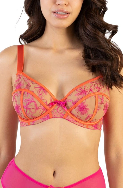 Shop Playful Promises Olivia Embroidered Mesh & Satin Underwire Balconette Bra In Pink