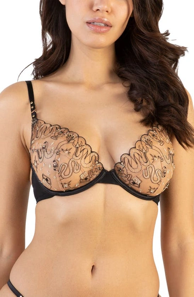 Shop Playful Promises Anna Mystical Embroidered Underwire Plunge Bra In Black/ Gold/ Nude