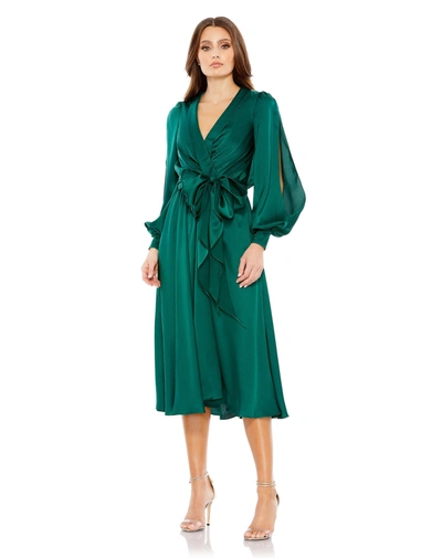 Shop Mac Duggal Collared Wrap Bishop Sleeve Dress In Emerald