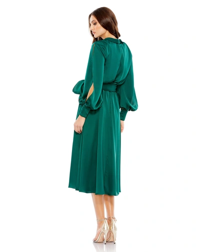 Shop Mac Duggal Collared Wrap Bishop Sleeve Dress In Emerald