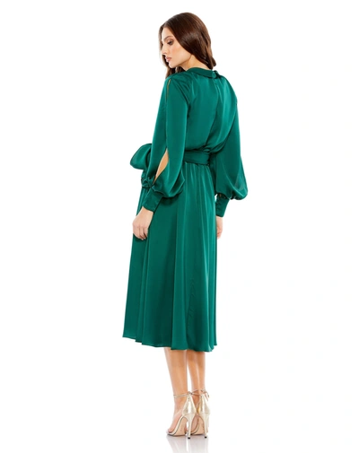 Mac Duggal Collared Wrap Bishop Sleeve Dress In Emerald