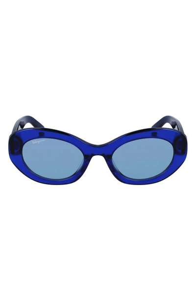 Shop Ferragamo 53mm Oval Sunglasses In Blue/ Grey