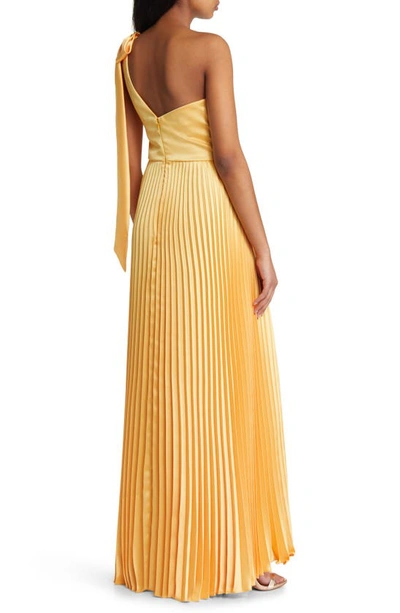 Shop Amsale Pleated One-shoulder Satin Gown In Marigold