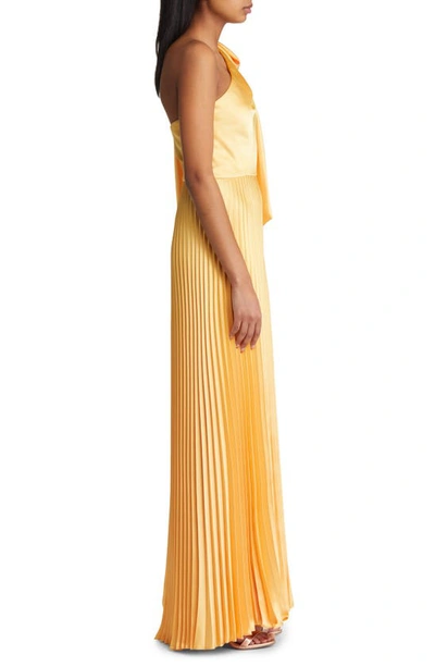 Shop Amsale Pleated One-shoulder Satin Gown In Marigold