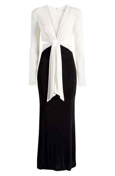 Shop Misha Collection Aldina Plunge Neck Long Sleeve Knit Mermaid Gown In Ivory Black