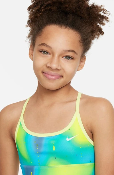 Shop Nike Kids' Dri-fit Light Support Sports Bra In Citron Tint/ Baltic Blue