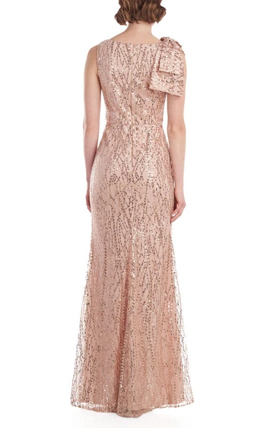 Shop Js Collections Oversized Bow Sequin Gown In Rose Gold