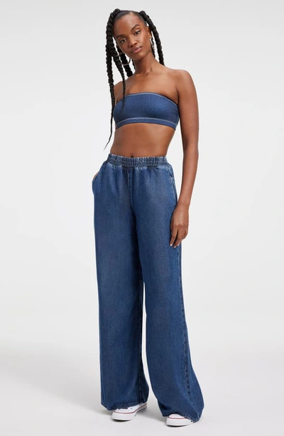 Shop Good American Weightless Pull-on Wide Leg Track Pants In Indigo395