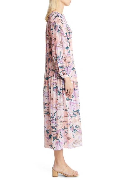 Shop Misook Floral Long Sleeve Crêpe De Chine Dress In Rose P/ Multi
