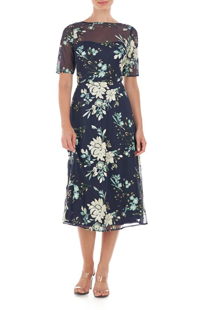 Shop Js Collections Josephine Floral A-line Midi Dress In Navy/ Pistachio