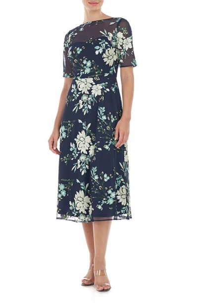 Shop Js Collections Josephine Floral A-line Midi Dress In Navy/ Pistachio