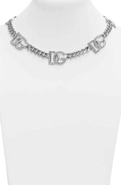 Shop Dolce & Gabbana Dg Logo Crystal Station Collar Necklace In Silver