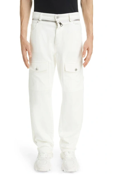 Shop Balmain Straight Leg Zip Detail Denim Cargo Pants In White