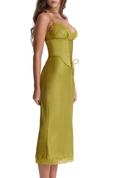 House Of Cb Corset Satin Slipdress In Canary Green