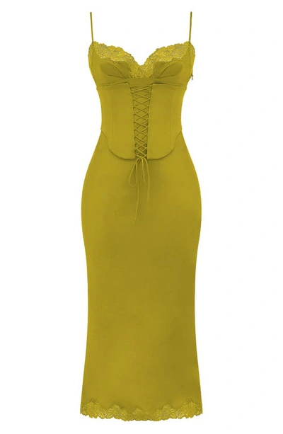 House Of Cb Corset Satin Slipdress In Canary Green