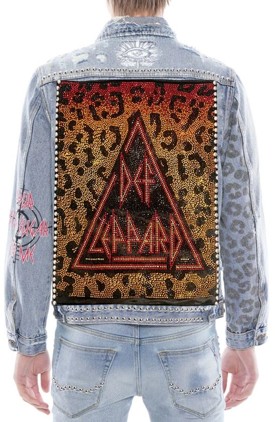Shop Cult Of Individuality Type Ii Def Leppard Distressed Denim Trucker Jacket In Def Leppard- Crystal