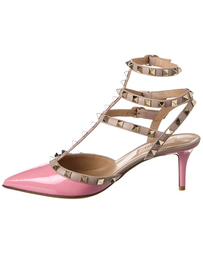 Shop Valentino Rockstud Caged 65 Patent Ankle Strap Pump In Pink
