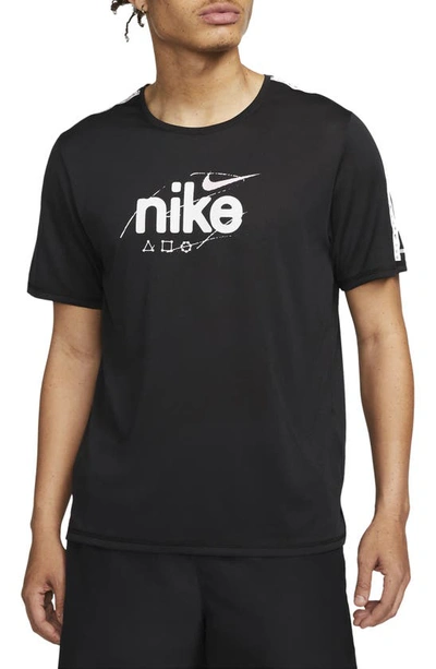 Shop Nike Miler Dri-fit Running Logo Graphic Tee In Black/ Pink Foam