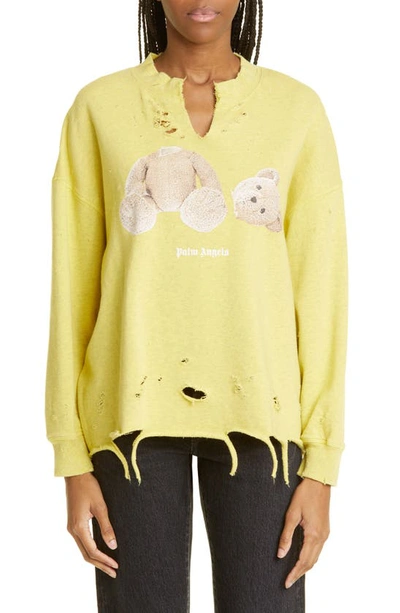 Shop Palm Angels Ripped Headless Bear Graphic Sweatshirt In Yellow Brown