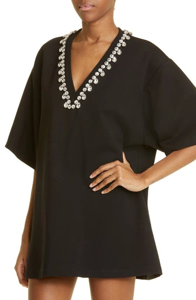 Shop Area Crystal V-neck Ponte Knit T-shirt Minidress In Black