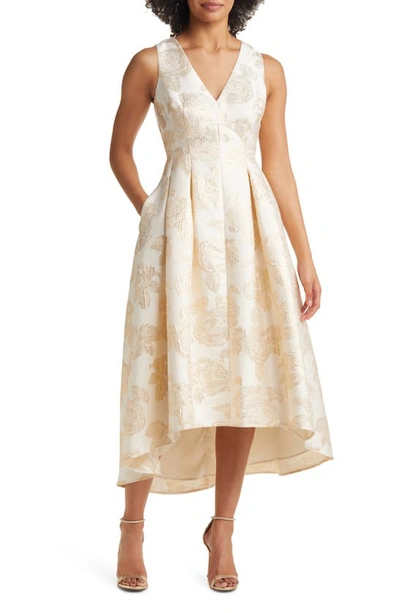 Shop Eliza J Floral Jacquard Metallic Fit & Flare Dress In Champagne