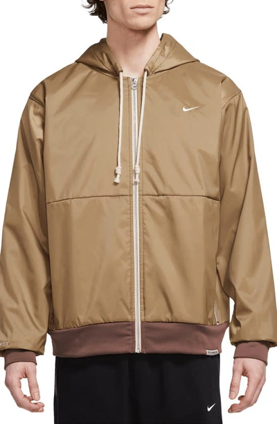 Shop Nike Standard Issue Therma-fit Water Repellent Zip Hoodie In Dark Driftwood/ Brown/ Ivory