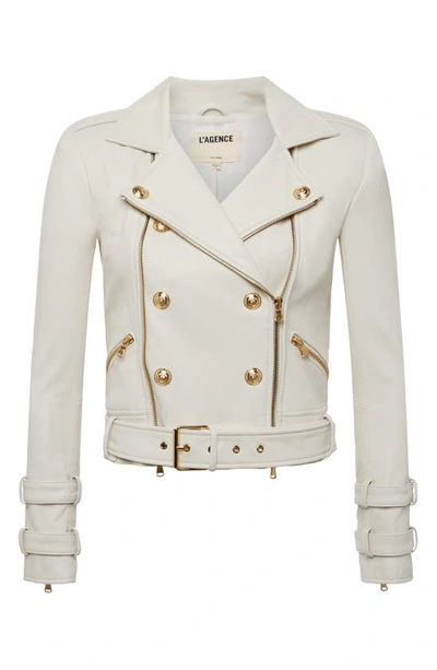 Shop L Agence Billie Belted Leather Moto Jacket In Ivory