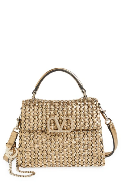Valentino Mini Leather Vsling Top-handle Bag In Antique Brass/crystal Golden