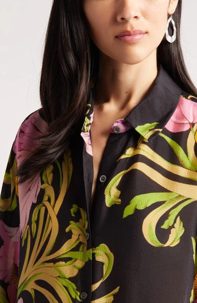 Shop Natori Floral Silk Button-up Blouse In Black Multi