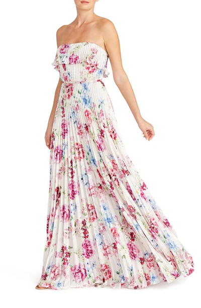 Shop ml Monique Lhuillier Floral Pleated Satin Strapless Gown In Peony Dream