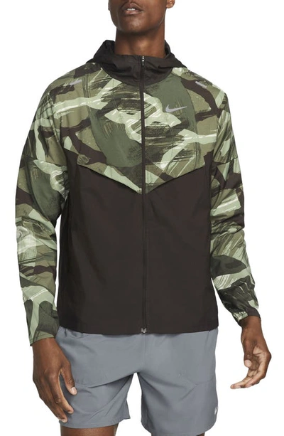 Shop Nike Repel Camo Print Colorblock Water Repellent Zip-up Hooded Jacket In Oil Green/ Velvet Brown
