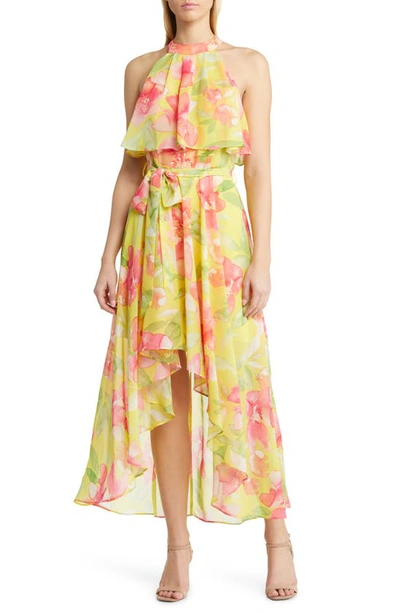 Shop Eliza J Floral Halter Neck High-low Dress In Yellow