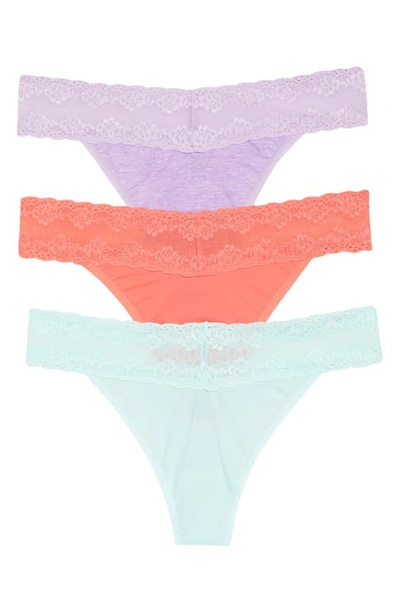 Shop Natori Bliss Perfection Lace Trim Thong In Purple/ Coral/ Green