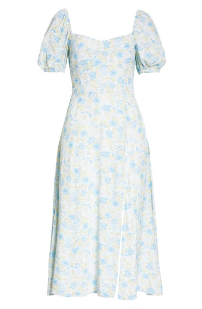Shop Wayf Floral Print Puff Sleeve Dress In Blue Mini Roses
