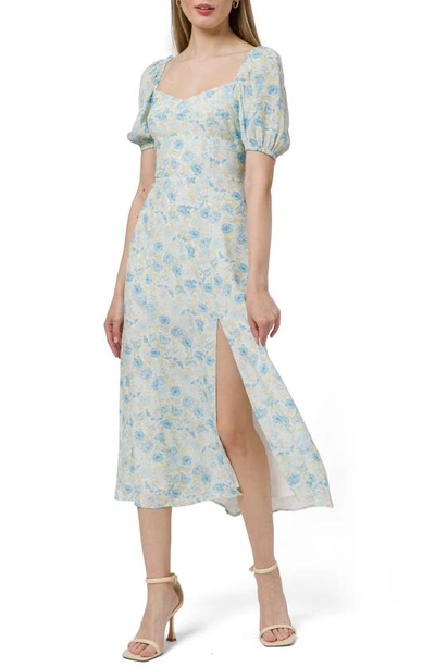 Shop Wayf Floral Print Puff Sleeve Dress In Blue Mini Roses