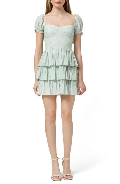 Wayf Floral Corset Tiered Dress In Sage Ditsy