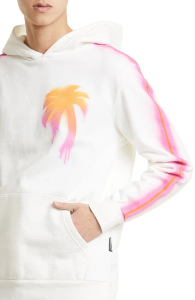 Shop Palm Angels Sprayed Palm Cotton Hoodie In White Multicolor