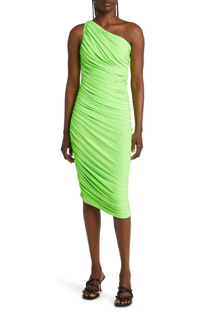 Shop Norma Kamali Diana Ruched One-shoulder Body-con Dress In Neon Green