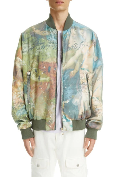 Balmain Reversible Bomber Jacket With Multicolored Sky Print In Green