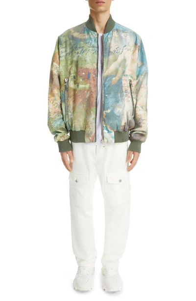 Balmain Reversible Bomber Jacket With Multicolored Sky Print In Green