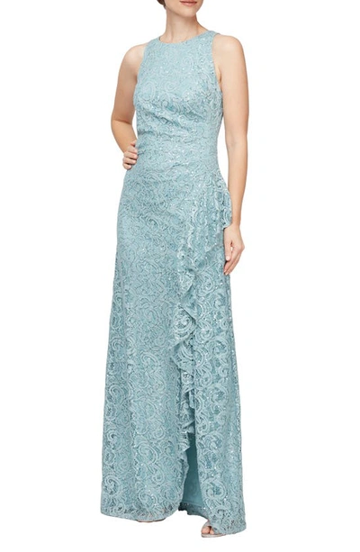 Shop Alex Evenings Ruffle Sequin Lace Gown In Aqua