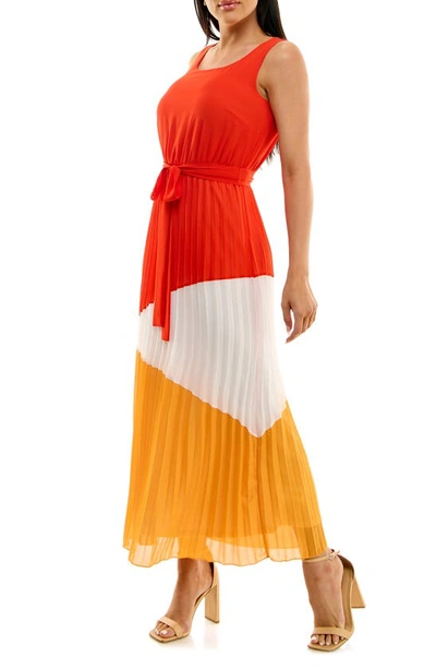 Shop Nina Leonard Colorblock Pleated Chiffon Maxi Dress In Hot Orange Multi