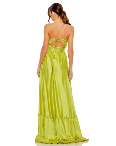 Shop Mac Duggal Ruched Tiered Criss Cross Spaghetti Strap Gown In Chartreuse