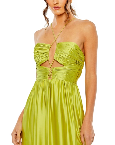 Shop Mac Duggal Ruched Tiered Criss Cross Spaghetti Strap Gown In Chartreuse