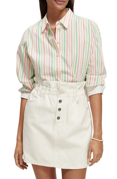 Shop Scotch & Soda Stripe Boxy Organic Cotton Button-up Shirt In White Multi Stripe