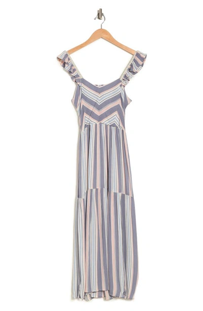 Shop Angie Chevron Stripe Ruffle Sleeve Midi Dress In Ivory-pink